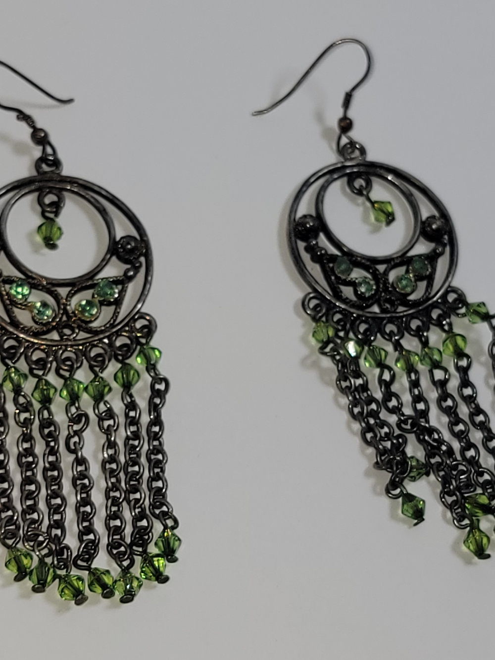 Green Crystal Fringe Chandelier Earrings